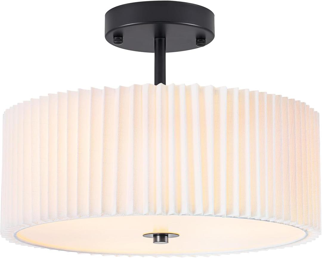Bargeni Semi Flush Mount Ceiling Light,12.5 inch Ceiling Light Fixture,Black Flush Mount Light Fixture with Pleated Fabric Drum Shade,Light Fixtures Ceiling Mount for Bedroom,Living Room,Hallway
