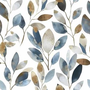 PODUFF Gold Leaf Wallpaper Peel and Stick Modern Blue Gray and Gold Leaves Wallpaper Contact Paper Self Adhesive Removable Boho Vinyl Wall Paper for Home Decor 17.7in x 236in