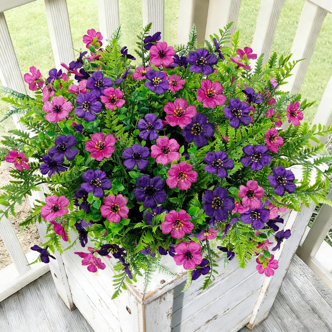 Artificial Flowers for Outdoors Decoration, 16 Bundles Silk Fake Flower with Ferns UV Resistant No Fade Faux Plants for Home Outside Planter Porch Patio Window Box Decor (Purple Rose Red)