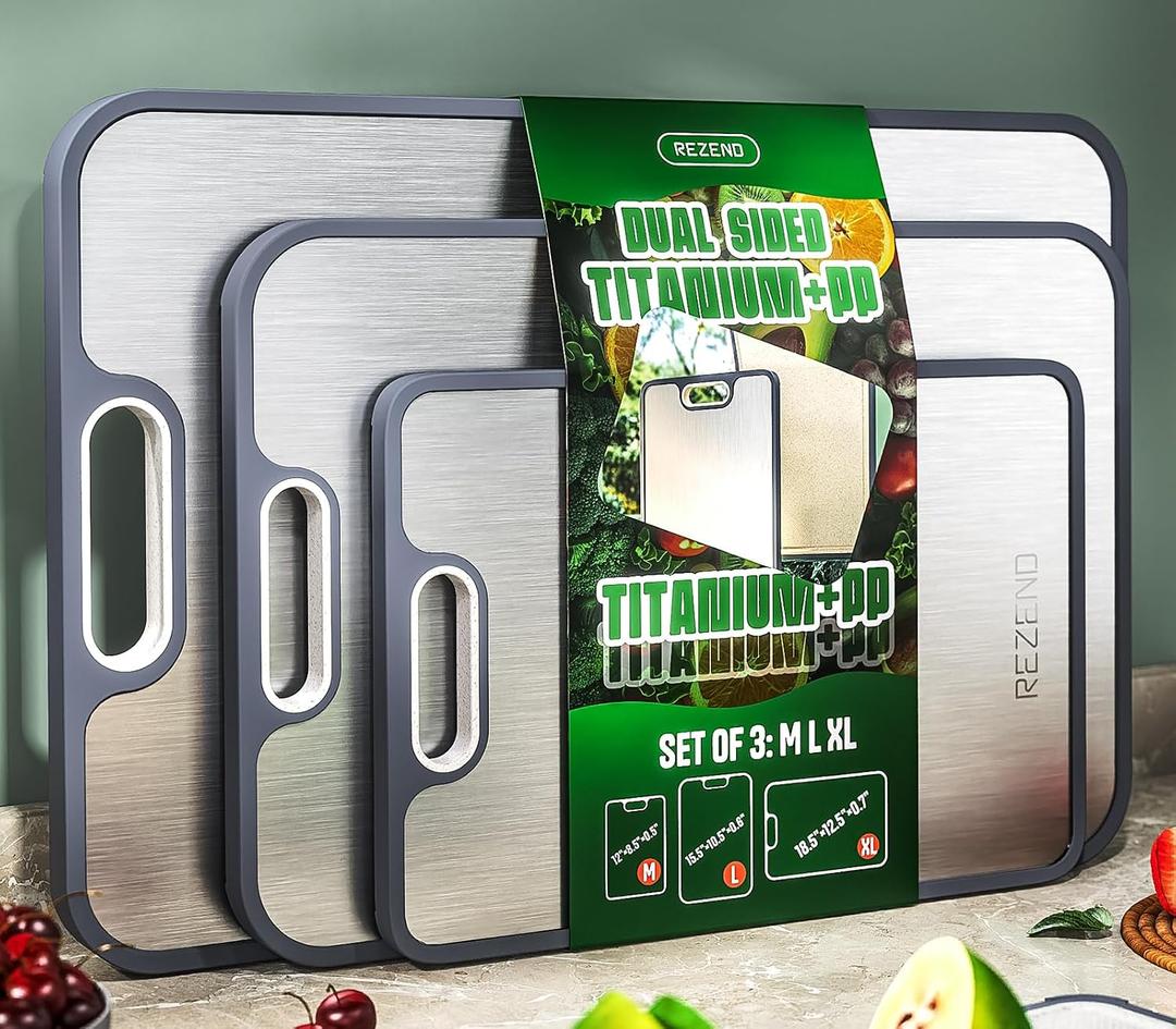 Titanium Cutting Board Set of 3, Dual Sided Design Non Toxic Cutting Boards for kitchen Beyond Food-Grade Chopping Board for Hygienic Food Prep, Extra Large (M/L/XL), Knife-Friendly, with Juice Groove, Medium
