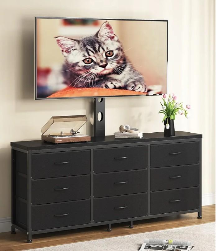 TV Stand with Mount for 32/55/65/75/85 inch TVs, Entertainment Center with 9 Fabric Drawers Dresser Storage, Height Adjustable Media Console