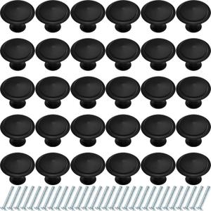 Ripeng 24 Pieces Round Kitchen Cabinet Door Knobs Black 1.2 Inch Cupboard Knob Solid Kitchen Drawer Pulls Cabinet Door Cupboard Hardware Dresser Handles with Screws for Dresser Drawer (1.2 Inch)