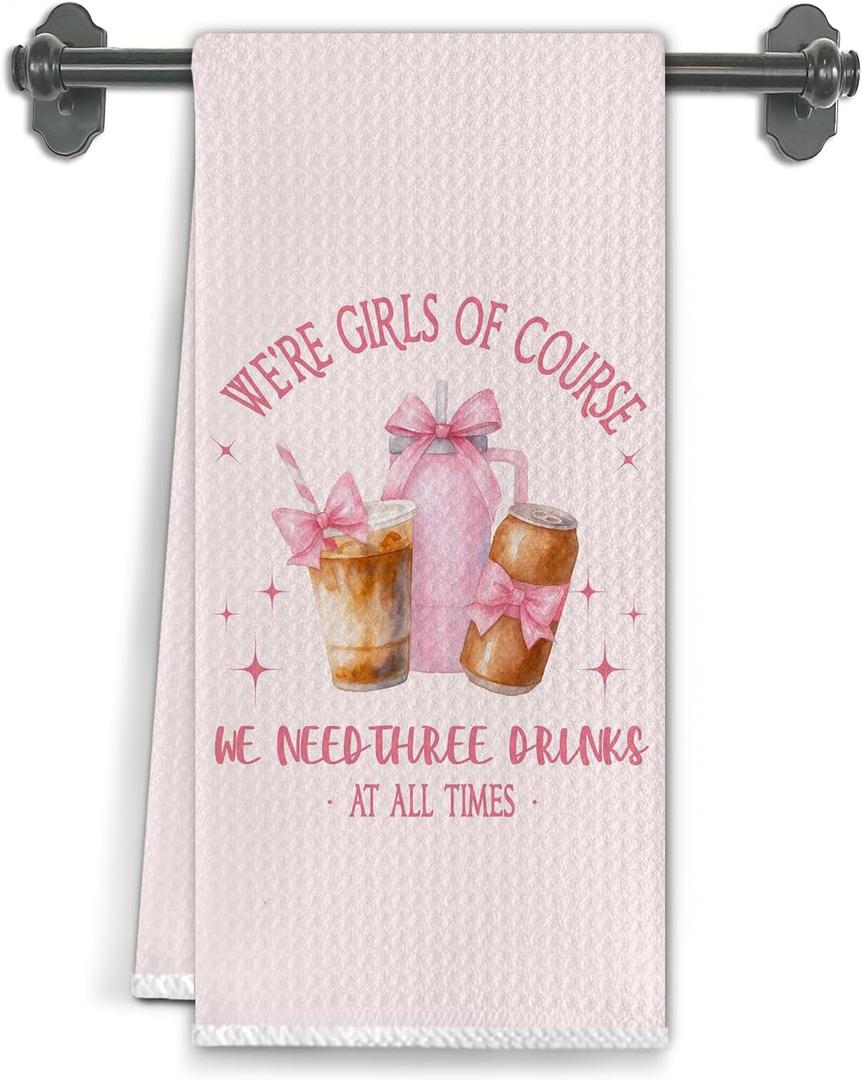 2 x Coquette Pink Bow Coffee Kitchen Towels, Coffee Lover Gifts Dish Tea Towels for Kitchen Decor, Preppy Girly Beverages Hand Towel for Bar Station, 16x24 Inch