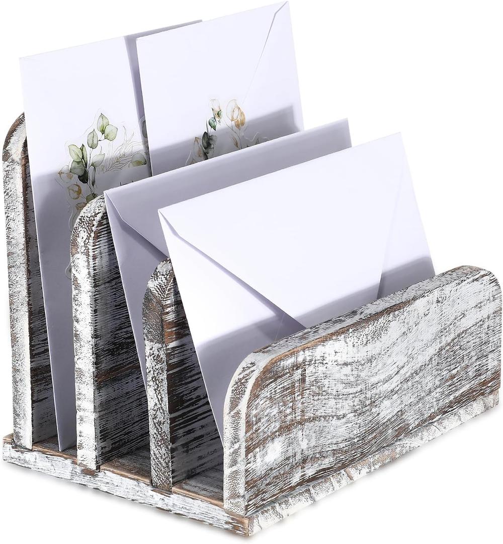 Wooden Mail Holder 3 Slots Mail Organizer for Desk Wood File Paper Letter Sorter for Letter Envelope Filing Cell Phone Document Storage, Organizer Tray for Office and Home (Old White)