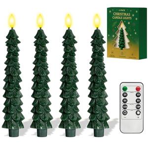 4 Pcs Christmas Tree-Shaped Flameless Taper Candles with Remote and Timer, 9.8'' Real Wax LED Window Candlesticks, 3D Flame Wick Battery Operated Christmas Tree Candles for Holiday Decoration (Green)
