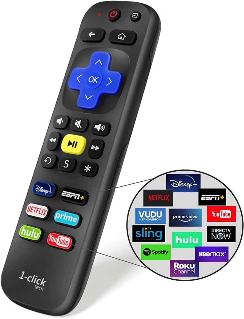 1-Clicktech Remote for Roku TVs and Players Express Premiere Ultra [2-in-1 w/TV Power+Volume] [NOT for Roku Stick] Black