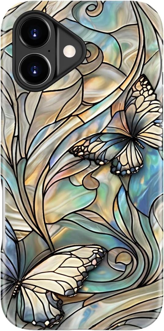 for iPhone 17 Case - Wireless Charging Compatible - Dual-Layer Hard Shell + Silicone Cover - Shockproof Protective Phone Case with Stylish Designs for Women - Butterflies Blue Gold