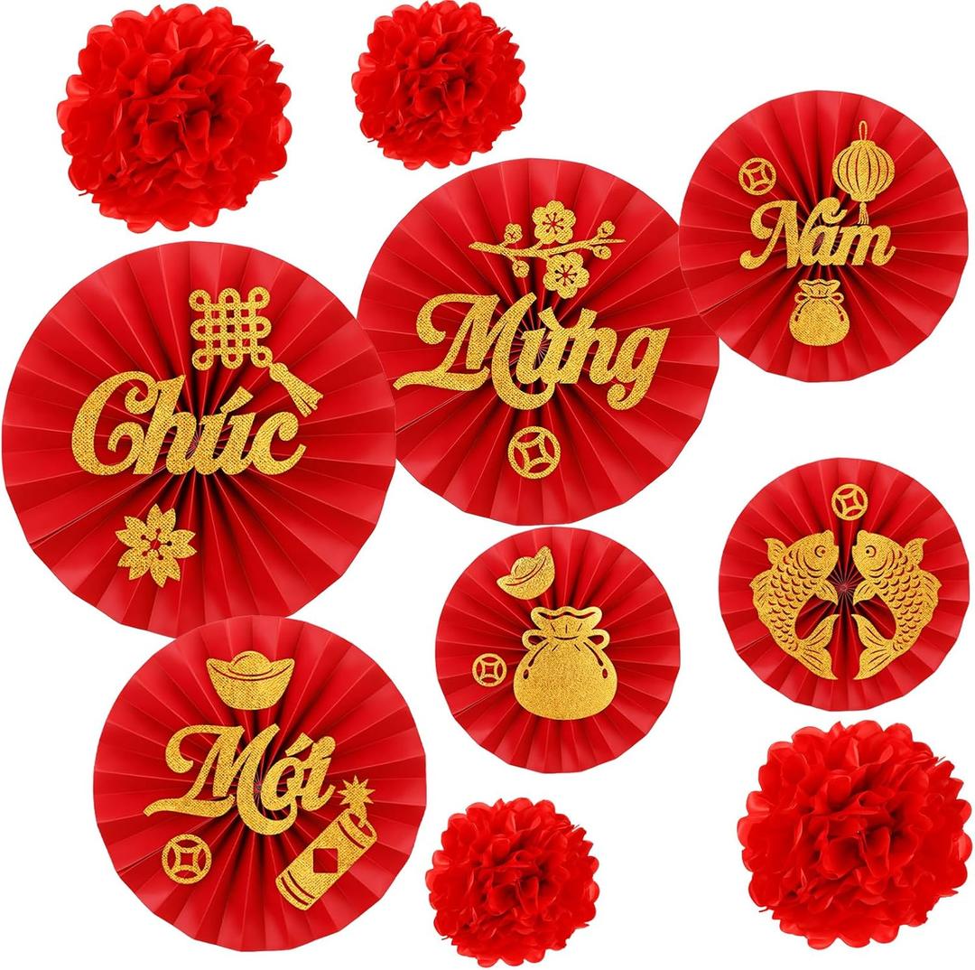 Tenceur 10 Pcs Vietnamese Lunar New Year Decoration Vietnamese Paper Fans and Red Tissue Paper Flowers Decorations for Lunar New Year Festival Party Supplies (Chc Mng Nm Mi)