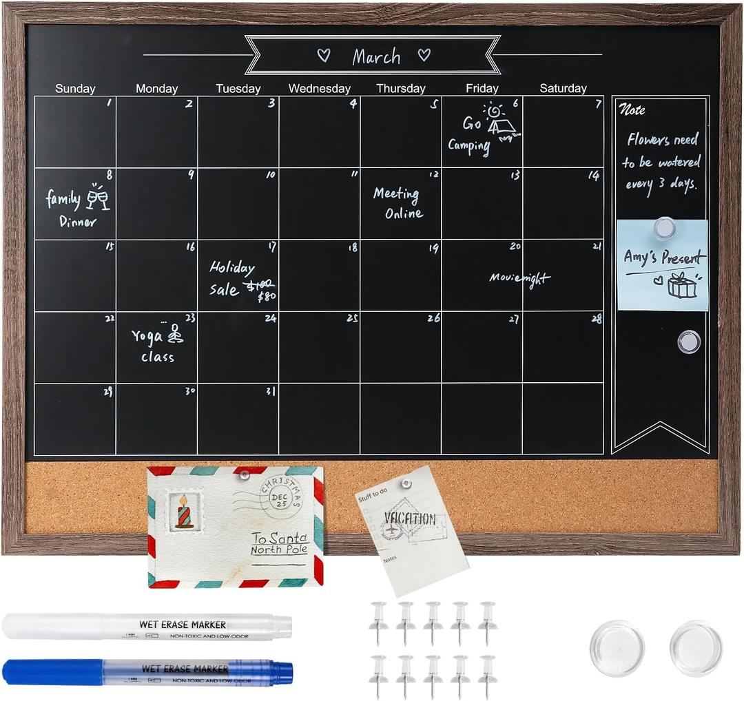 ARCOBIS Chalkboard Calendar with Cork Board, 24x18 Inch Wood Frame Bulletin Board for Wall, Magnetic Chalk Calendar Board with Chalk Markers, Push-Pins and Magnets, Grey