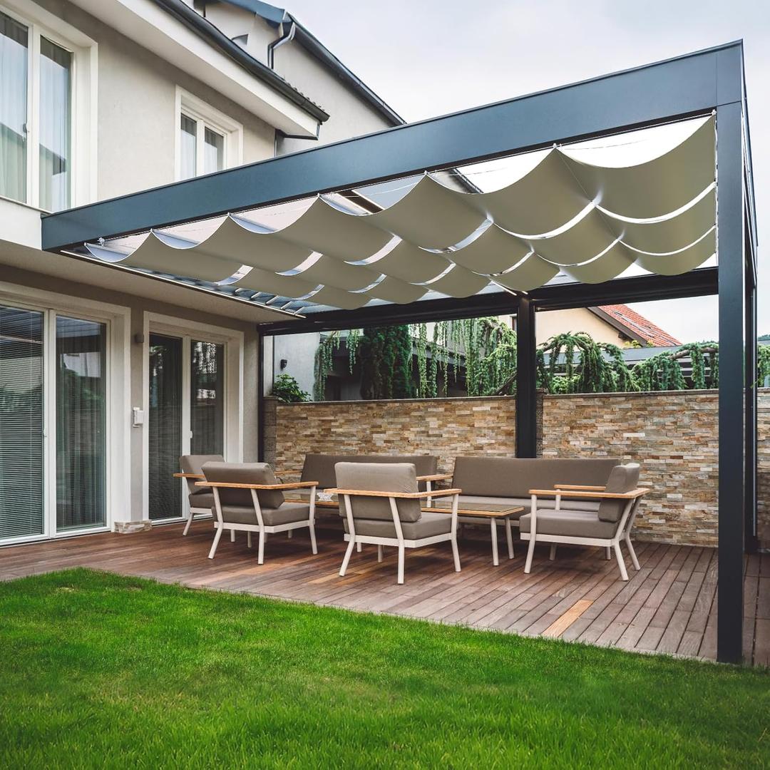 4' X 12' Waterproof Retractable Sun Shade Canopy, Pergola Wave Awning Cover Silver Coated Polyester Fabric, Wave Sun Shade for Patio Garden Deck Trellis, Beige