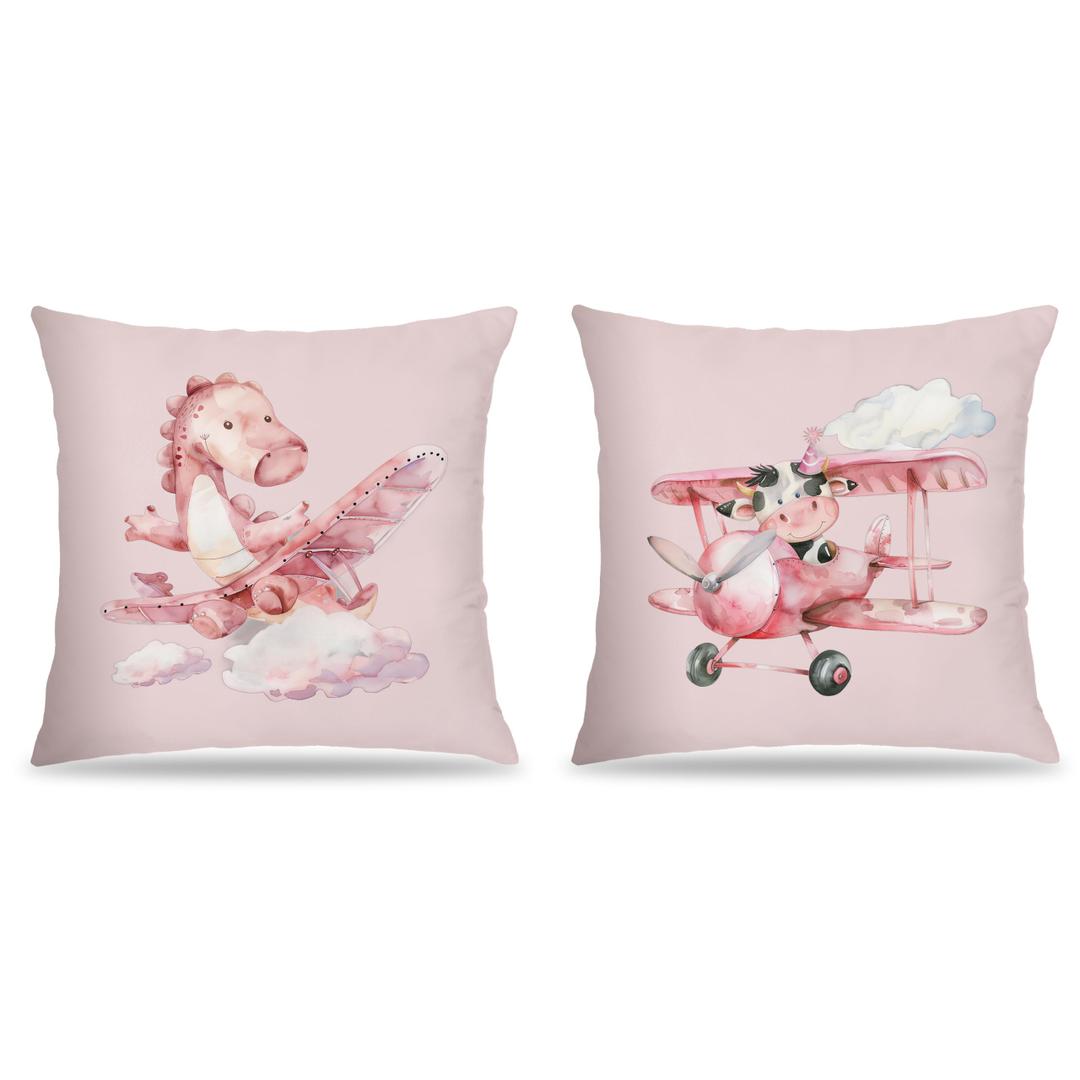 FITIE Cute Dragon Cow Nursery Pillow Covers 18x18, Pink Nursery Decor Girl, Cute Baby Animal Airplane Decorative Throw Pillow Covers for Kids Girls Bedroom Nursery Playroom, Set of 2