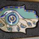 Exquisite Small Ceramic Jewelry Tray - Trinket Dish Evil Eye Decor, Gold Plate Ring Holder, Modern Boho Home Essentials, Perfume Organizer, Witchy, Aesthetic Room Decor (Blue Hamsa)