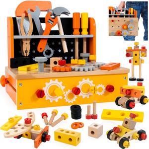 KIDWILL Wooden Tool Bench for Kids, 54-Piece Kids Tool Set with 2-in-1 Workbench & Take-Along Tool Kit, STEM Educational Toy Tools for Kids Ages 3 4 5 6 7 8 Years Old, Boy Toys