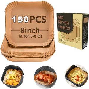air fryer paper liners, 150pcs disposable airfryer liners parchment papers, square 8inch Non-stick sheets, air fryer liners disposable basket, Free of Bleach