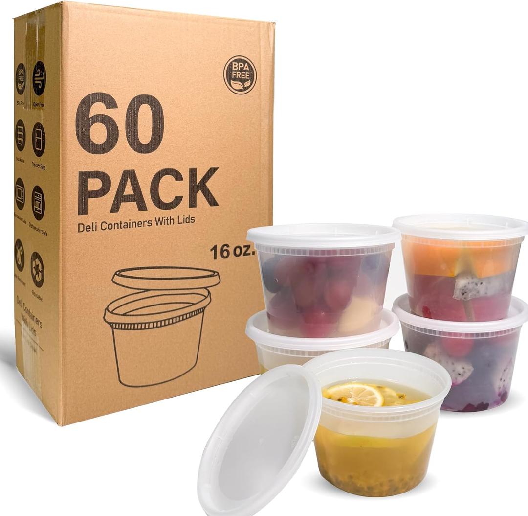 [60 sets] 16oz Plastic Soup Containers with LidsDeli Containers with LidsFood Storage Containers with airtight lidMeal Prep Containers/BPA Free/Freezer Safe/Dishwasher Safe/Microwave Safe/Stackable