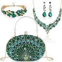 Quelay 4 Pcs Purse Rhinestone Jewelry Set for Wedding Bridal Women Handbag with Necklace Bracelet Dangle Earrings (Green)