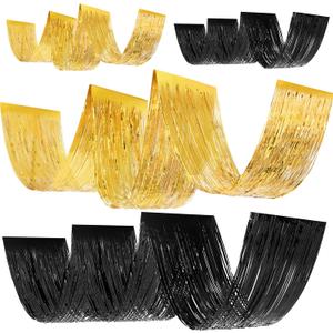 Breling 4 Pcs 15ft Metallic Foil Ceiling Fringe Curtains for Bachelorette Party Decorations, Fringe Ceiling Drapes for Wedding Engagement Bridal Shower Birthday Party Engagement Decor(Gold and Black)
