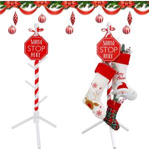 Geelin 47 Inch Christmas Wooden Stocking Holder Stand Freestanding Christmas Stocking Stand Rack with 7 Hooks with Red Ribbon for Xmas Living Bedroom Room
