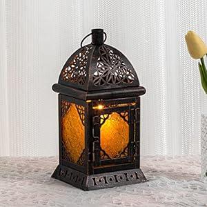 DECORKEY Candle Lanterns Decorative Indoor & Outdoor, 12'' Vintage Moroccan Hanging&Tabletop Lantern, Christmas Halloween Metal Candle Holder for Home Front Porch Patio Decor (Amber)