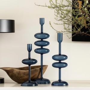LemonRoad 3 Pcs Glass Candlestick Holders, Glass Taper Candle Holder Groovy Wavy Vase Candle Stick Stand for Wedding Birthday Easter St. Patrick's Day Home Windowsill Party Decor(Deep Blue)