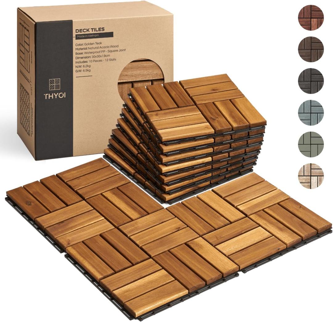 THYOI Premium Deck Tiles, Patio Flooring - Outdoor Waterproof Acacia Wood Tiles for All Weather Use - Balcony, Backyard, Indoor & Outdoor (Square Ft - 10, Golden Teak, 12S)