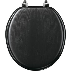 Round Wood Toilet Seat Support 400 lbs, Heavy Duty Toilet Seat with Wood Veneer for Home Bathroom, Wooden Black Toilet Lid with Chrome Hinges, Grip-Tight Bumpers, Easy Clean, Easy Install