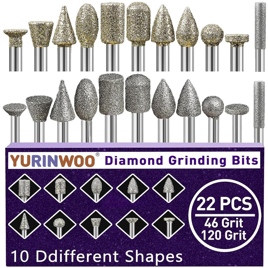 46-Grit &120-Grit Diamond Grinder Bit 1/8" Shank Compatible with Dremel Rotary Tool, 22Pcs Stone Carving Diamond Drill Bits for Carve Engrave Polish Wood Resin Porcelain Ceramic Quartz Metal