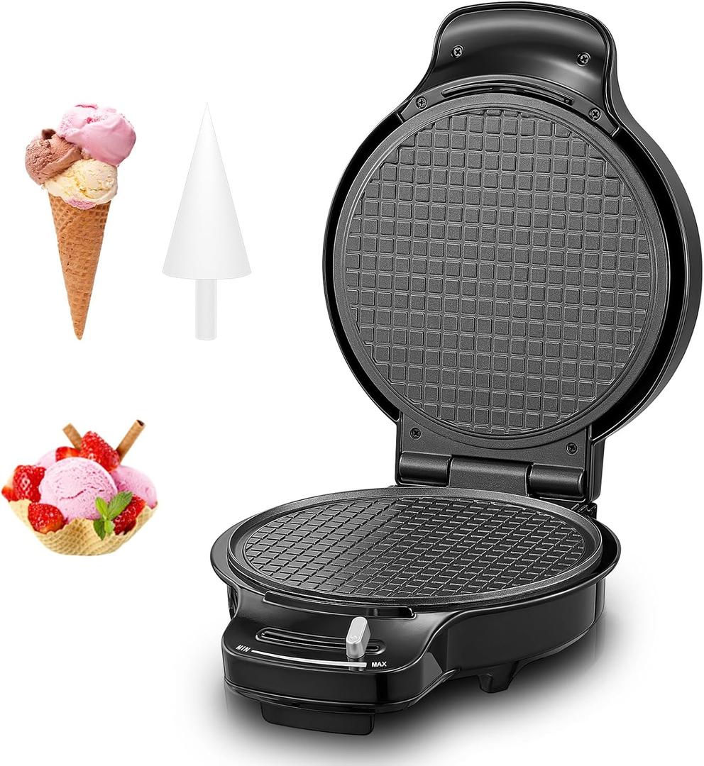 FOHERE Waffle Cone Maker Machine and Ice Cream Bowl Maker with Temperature Control, Double Side Nonstick Waffle Bowl Maker with Cone Roller, 7.5 Thin Waffle Maker for Home Kitchen (black)