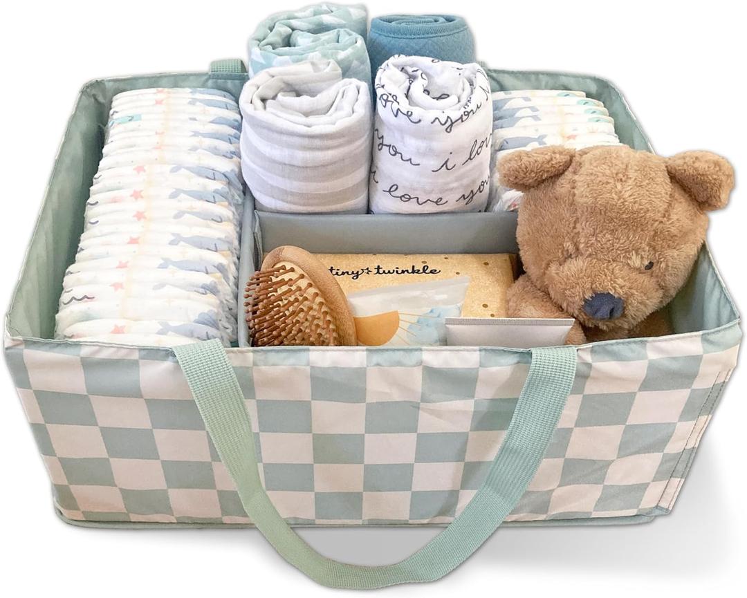 Tiny Twinkle Diaper Caddy Organizer | Foldable Baby Storage Basket with Removable Divider | Waterproof & Mess-Proof Fabric, Portable Nursery Organizer for Newborn Essentials (Sage Checkers)