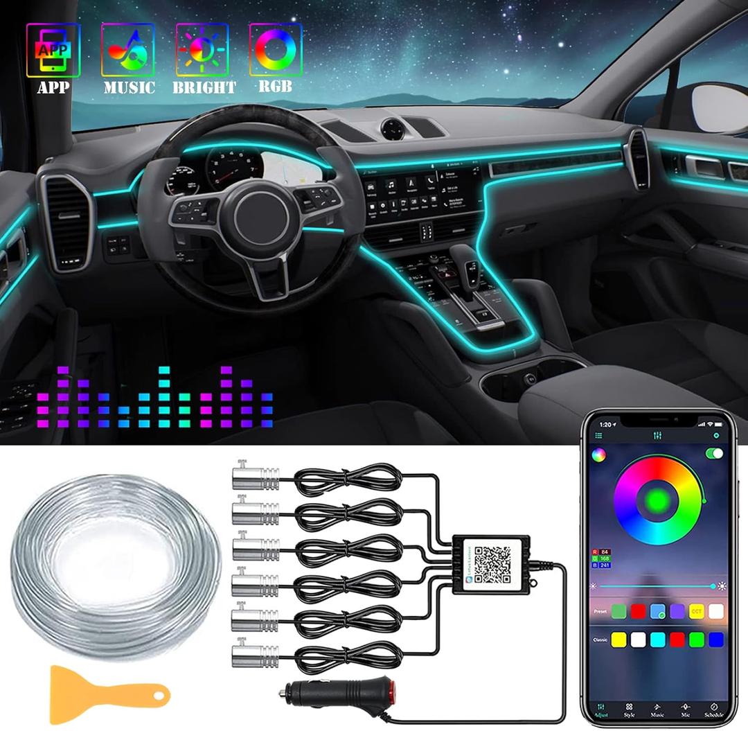 Interior Car LED Strip Lights, RGB 6 in 1 Ambient Lighting Kits with 315 inches Fiber Optic, 16 Million Colors APP Wireless Control Car Neon Lights, with Music Sync Function