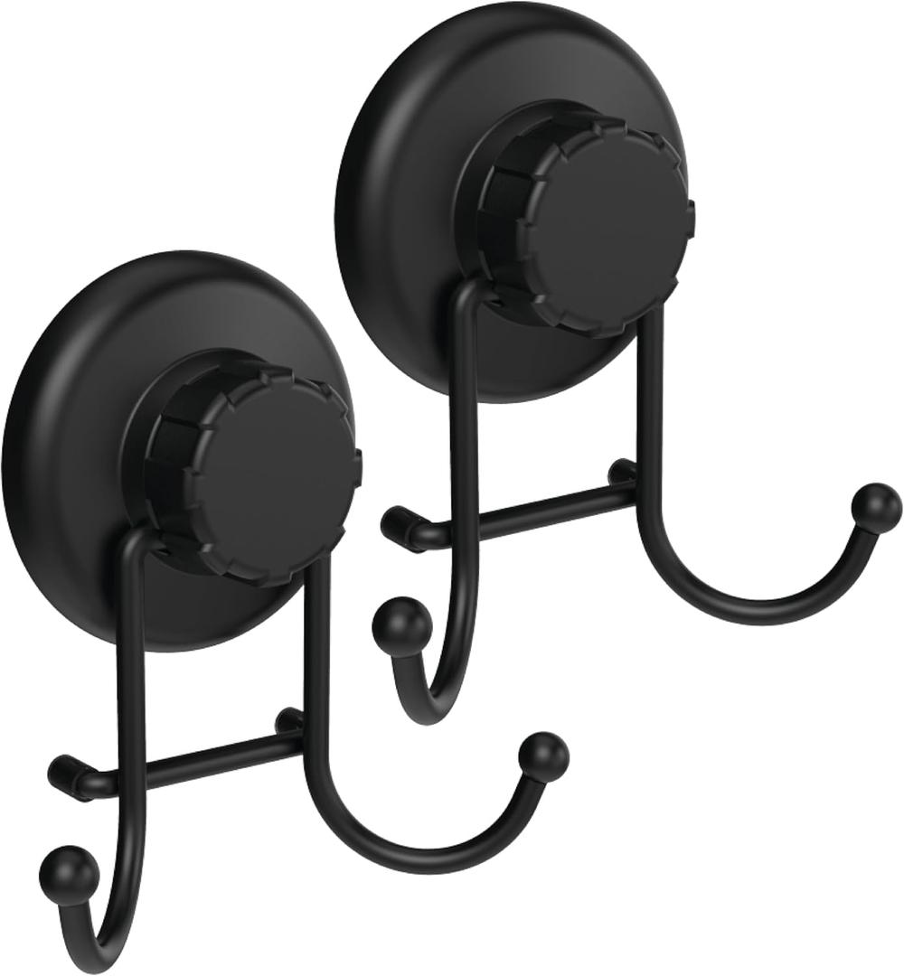 Suction Cup Hooks for Shower - Towel Hooks for Bathroom Wall Mounted Shower - Bathroom Hooks for Hanging - Stainless Steel SS304 Towel Holders, Black (2 Pack)