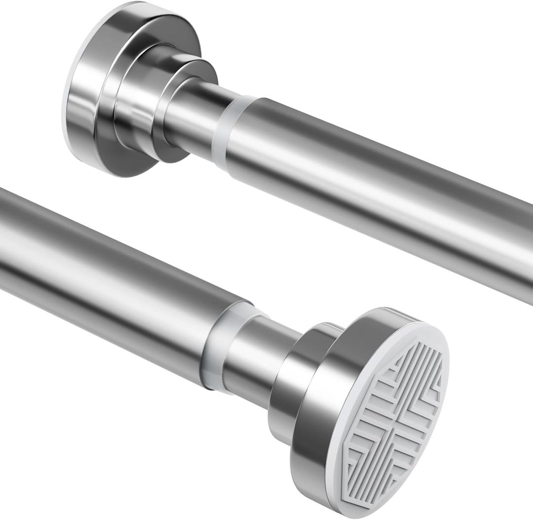 Adjustable Tension Shower Curtain Rod 26–76 Inch, No-Drill Stainless Steel 1-Inch Diameter Non-Slip Spring Telescoping Curtain Rod for Bathroom, Window, Kitchen, Closet & Room Divider, Silver