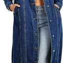 Womens Classic Jean Jacket Plus Size Loose Long Sleeve Button Down Denim Trench Coat (Blue, XL)