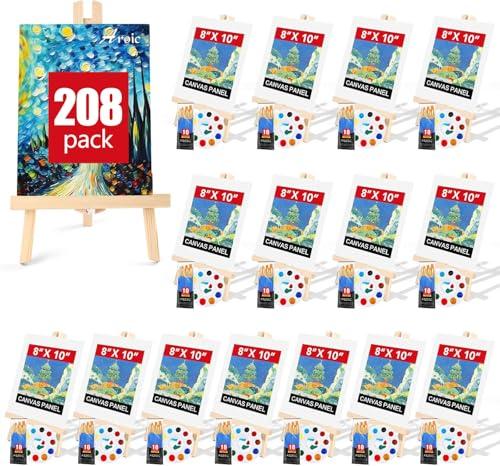 AROIC 208 Pack Easel and Canvas Sets with 16 Wood Easels,160 Brushes,16 Canvas and 16 Palette, Painting Set, Tabletop Easel, Art Easels, Painting Supplies for Kids & Adults to Paint Party