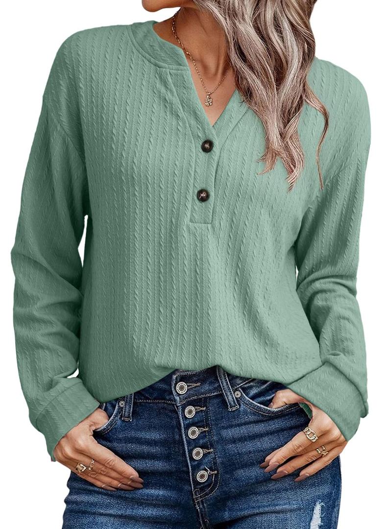 SHEWIN Women Shirts Long Sleeve Ribbed Knit Tops Fall Dressy Tunic Pullover Oversized Sweatshirt Spring Casual Trendy Clothes 2025 V Neck Outfits Green Size M (M)