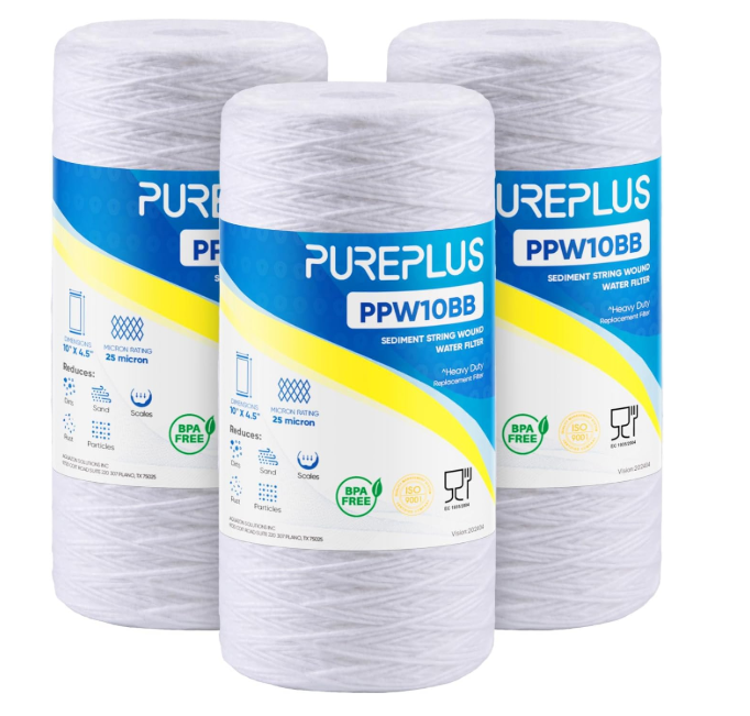 PUREPLUS 25 Micron 10 x 4.5 Whole House String Wound Sediment Filter for Well Water, Replacement Cartridge for 84637, WPX5BB97P, PC10, CW5-BBS, 355215-45, WP10BB97P, WP5BB97P, 3 Pack