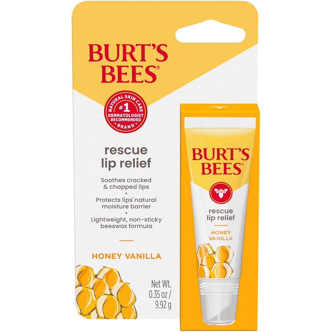 Burt's Bees Easter Basket Stuffers, Rescue Lip Relief, Honey Vanilla, Hydrating Lip Balm for Dry Cracked Lips, Responsbily Sourced Beeswax and Shea Butter, 100% Natural Origin, 1 Squeezy Tube, 0.35oz