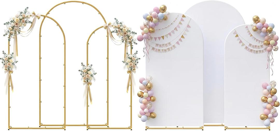 Metal Arch Backdrop Stand and Cover Set, 7.2FT, 6.6FT, 6FT Wedding Arch Frame, Easy to Assemble, Gold Arch Stand for Birthday, Party, Baby Shower, Graduation Ceremony (White)