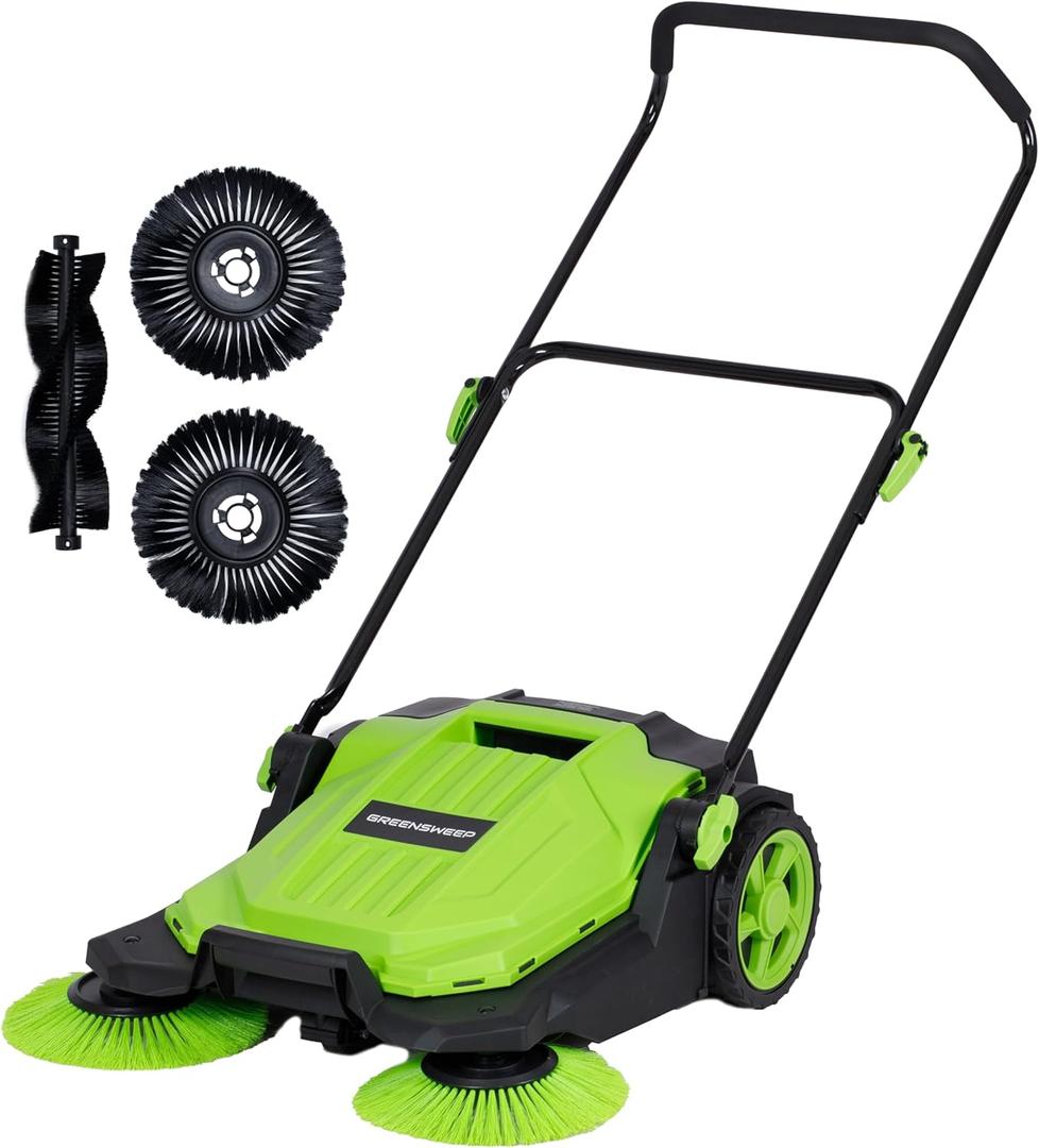 Walk Behind Manual Push Floor Sweeper - 5 Gallon Capacity - Easy Storage - Outdoor Use - Additonal Heavy Duty Brush Set