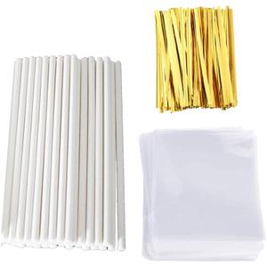Lollipop Stick (6 inch), Candy Wrappers and Twist Ties Set, 100 Papery Lollipop Sticks (6 inch), 200 Lollipop Bags and 200 Twist Ties (500Pcs)