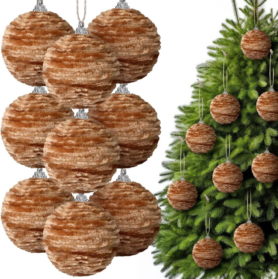 Hungdao 9 Pcs Brown Christmas Ornaments Velvet Ball Flocked Chenille Christmas Tree Ball Ornaments Decorative Xmas Hanging Decoration for Xmas Tree Decor, 2.36 Inch