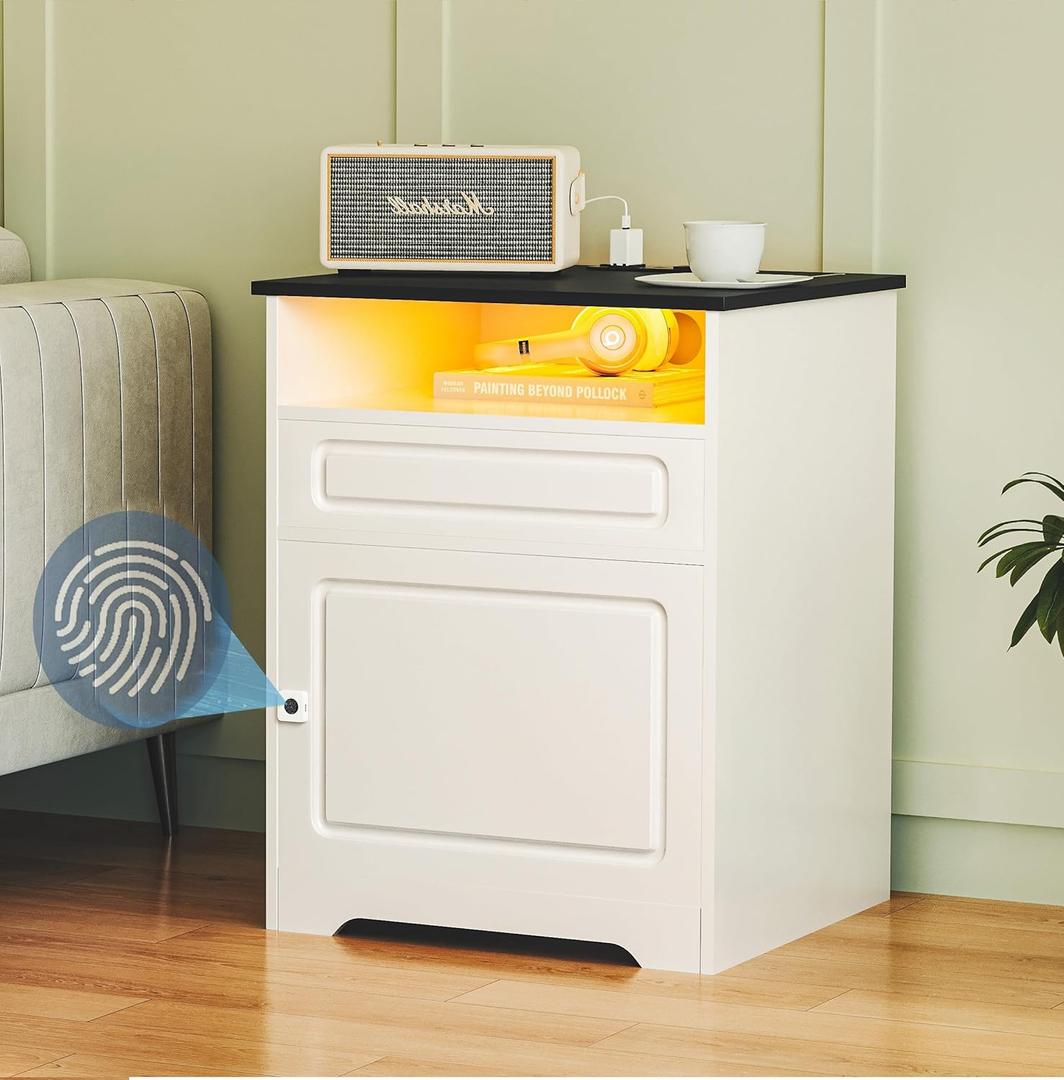 Night Stand with Charging Station,Fingerprint Lock Bedside Table with Drawers,Farmhouse End Table and Nightstand,Small Side Table for Bedroom,Living Room (White-with Fingerprint Lock, 1-Pcs)