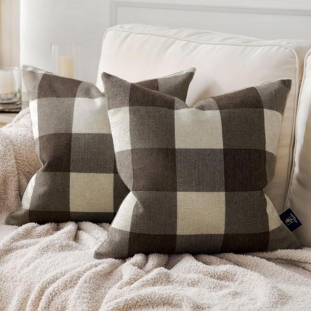 Phantoscope Pack of 2 Gingham Buffalo Check Plaid Throw Decorative Pillow Cover Outdoor Indoor Throw Pillows Farmhouse Square Pillow Cases for Home Decor Coffee,20 x 20 Inches