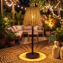 Outdoor Solar Table Lamp Rattan Wicker Lights Waterproof Scalloped Boho Table Lamps with Metal Base for Garden, Yard, Patio, Lawn Outdoor Decor Indoor Bedroom Living Room Desk