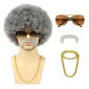 Grey Afro Wig for Men With Glasses Necklace Mustache and Wig Cap 70s 80s Natural Fluffy Afro Disco Costumes Wig Curly Synthetic Hair Wig for Halloween Chrismas Cosplay Party