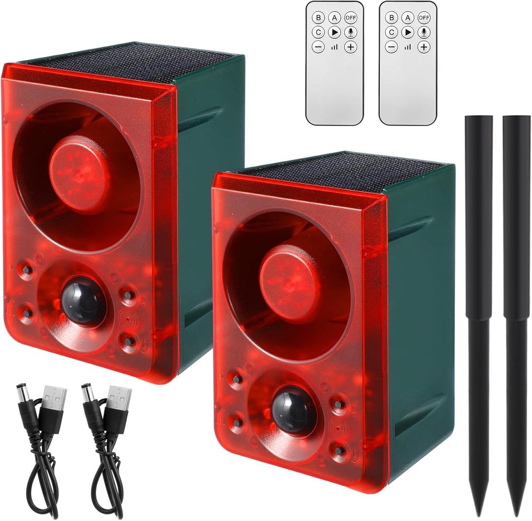 Qualirey 2 Pcs Solar Outdoor Motion Sensor Alarm with Stake Gunshot Sound Dog Barking, 3 Modes Support Recording and Adjustable Volume USB Charging 129 dB Loud Noise Maker for Animal Deterrent