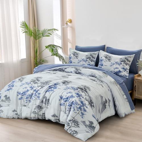 Dinjoy King Size Comforter Set, 7 Piece King Size Bed in a Bag, Blue Lightweight Comforter King, Bed Sets King, Flower Bedding Sets with Comforter, Fitted & Flat Sheets, Pillowcases & Pillow Shams