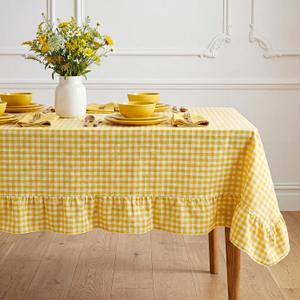 Moukeren 1 Piece Yellow Checkered Tablecloth with Ruffle Hem 60 x 90 Inches, Rectangle Farmhouse Table Cover for Kitchen, Wedding, Party, Indoor Outdoor Picnic and Daily Decor, Cotton Fabric