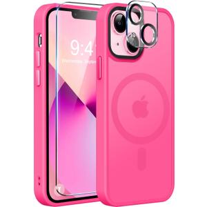 MOCCA Strong Magnetic for iPhone 13 Case, [Compatible with Magsafe][Screen Protector+Camera Lens Protector] Translucent Matte Back Slim Shockproof Case for iPhone 13 Phone Case 6.1", Hot Pink