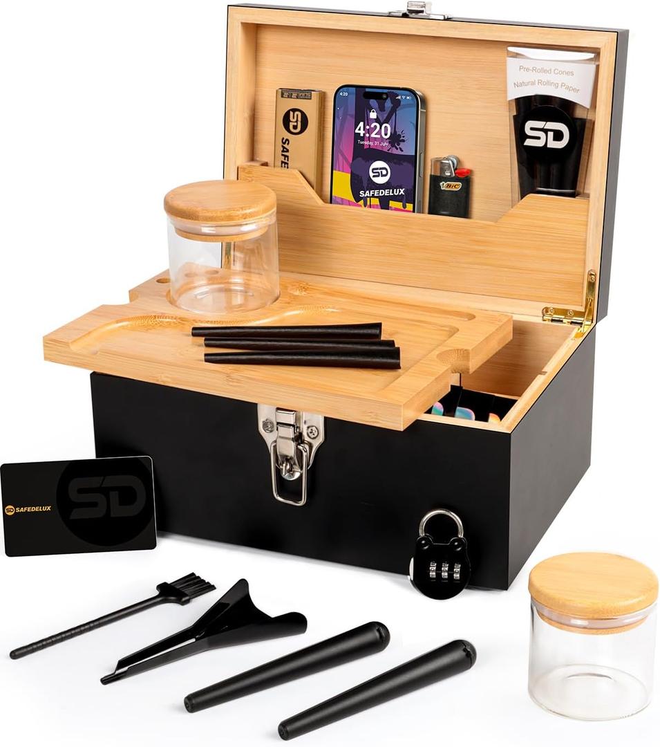 Large Bamboo Box with Combination Lock, Decorative Locking Box with Detachable Compartment, Rolling Tray, Smell Proof Jars, Mylar Bags - Great Holidays Gifts (black)